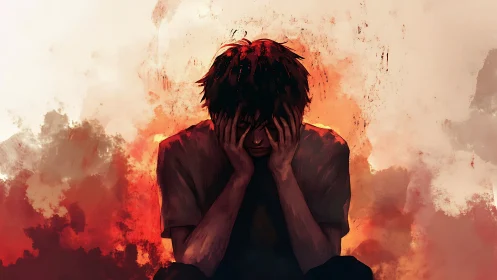 Distressed young man holding face amid fiery red clouds.