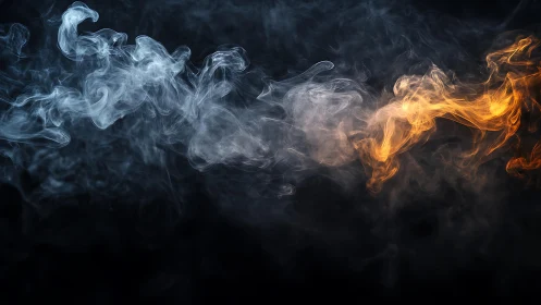 Abstract swirling clouds of blue and orange smoke on dark background.