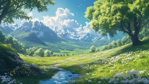 Sunlit alpine valley unfolds beneath bright summer skies