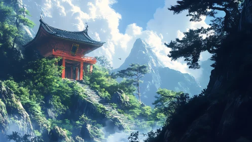 Mountain temple gate above misty forest valley trail.