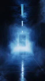Moody blue corridor recedes into fog and an unknown exit