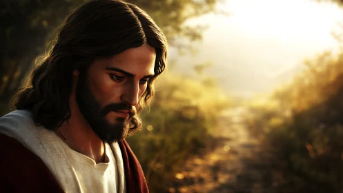 Devotional portrait of robed man walking a sunlit path at dawn