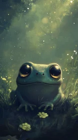 Gentle frog gazes up with wonder in a softly glowing glade