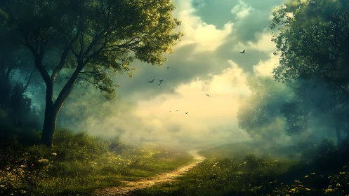 Misty forest path with golden light breaking through trees.