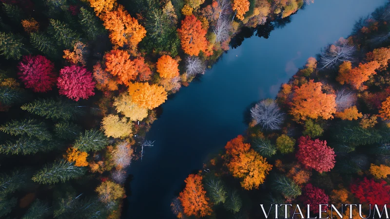 Aerial river corridor framed by vivid autumn forest canopy.