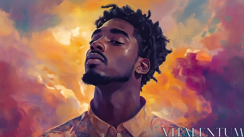 Expressive digital portrait against iridescent cloudscape background