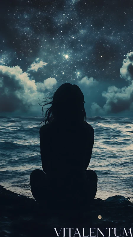 Silhouette watches star-filled night sky above dark ocean.