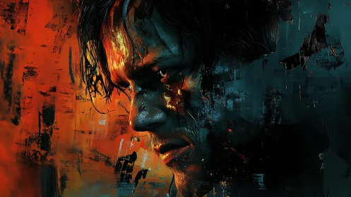 Brooding warrior portrait amid fractured fire and shadow.