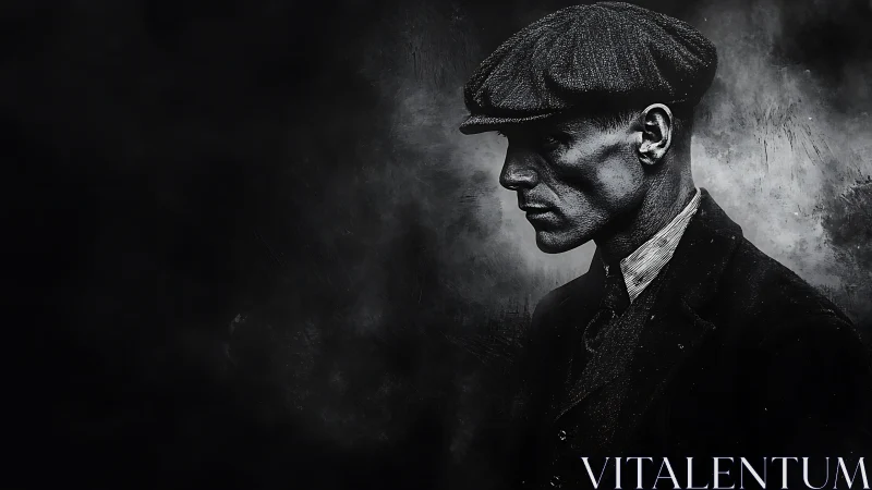 Monochrome side-profile portrait of man in flat cap