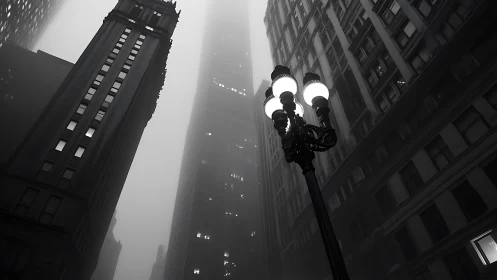 Fog-diffused urban canyon with high-contrast streetlamp illumination
