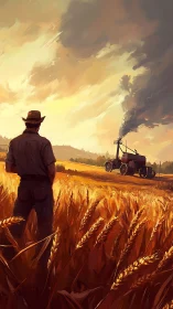 Sunlit harvest watcher studies his smoking iron tractor