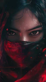 Masked warrior stares through red-lit shadows with resolve