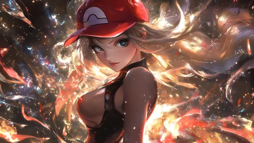 Dynamic anime heroine in cap emerges from luminous vortex