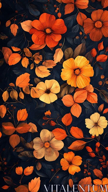 Detailed Digital Floral Composition with Layered Orange Blooms on Darkened Background
