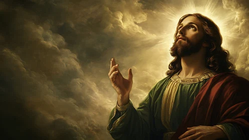 Religious portrait of praying man under glowing heavenly light.