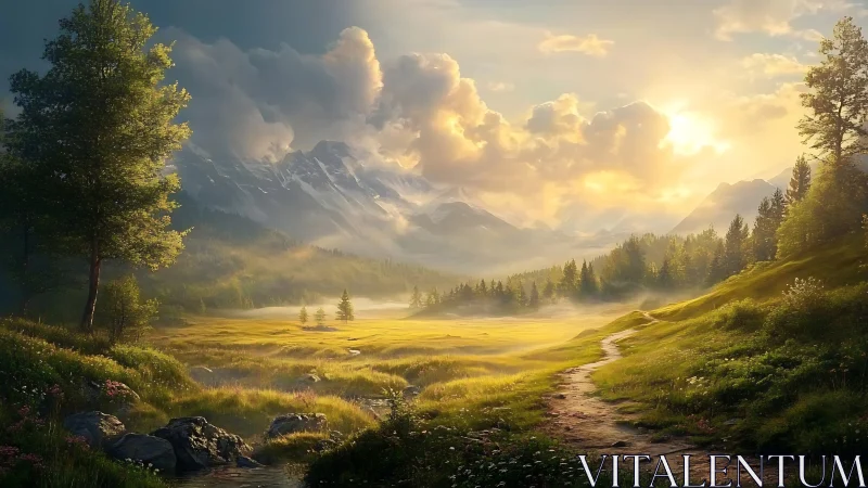 Sunlit mountain valley unfolds in radiant morning tranquility.