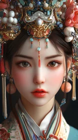 Digital portrait of young woman in ornate traditional headdress.