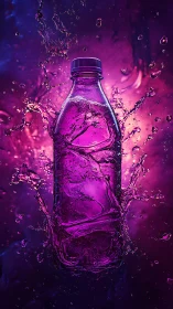 Vibrant purple drink bottle explodes through neon water splash