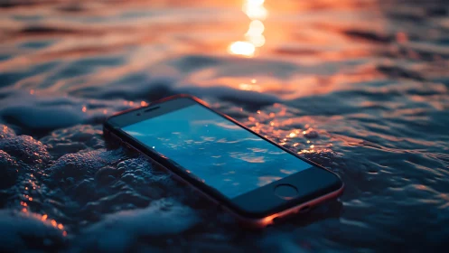 Smartphone lying in shallow seawater at bright sunset.