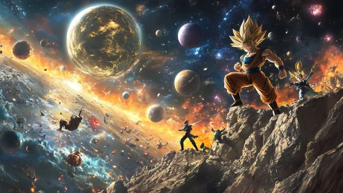 Cosmic battlefield with cel‑shaded warriors against layered planets