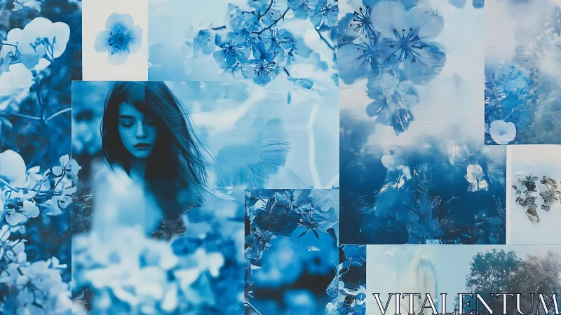 Blue-toned floral collage with female portrait composite.
