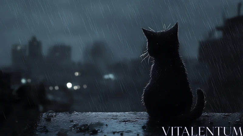 Rain-soaked rooftop cat guarding the midnight city hush.