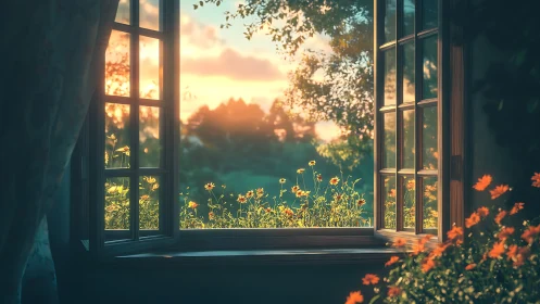 Sunlit garden daydream framed by an open cottage window.