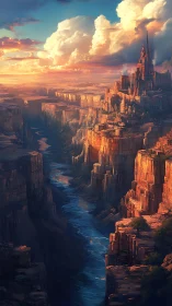 Sunlit cliffside citadel above winding canyon river at dusk.