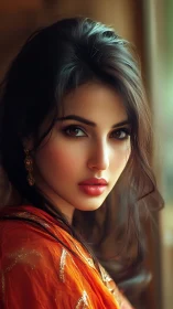 Radiant woman in orange shawl gazes into soft golden light.