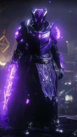 Voidforged knight strides through neon shadows of destiny