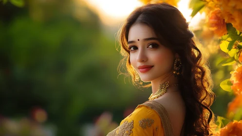 Sunlit portrait of a woman in golden traditional attire