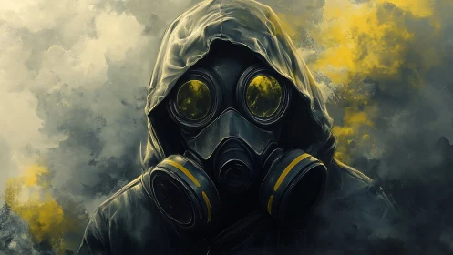 Hooded figure in gas mask stands in dense yellow smoke