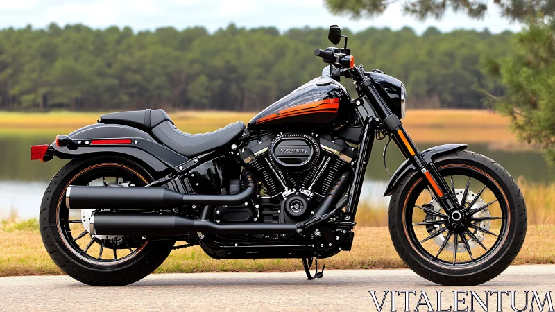 Low-slung black cruiser motorcycle beside tranquil lakeshore.