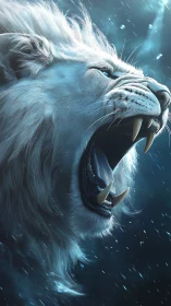 Side profile of roaring white lion in cold blue light.