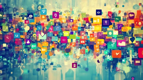 Colorful digital app icons form dense abstract data stream