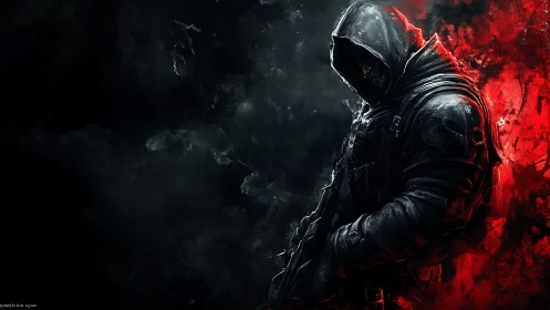 Hooded futuristic soldier emerges from swirling crimson void.