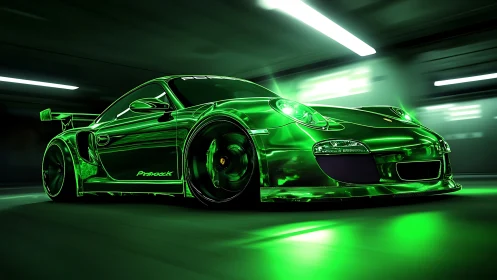 Chromed neon-green track car rendered with high-motion blur dynamics