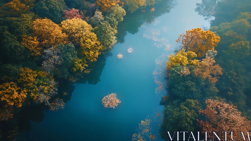 Autumn forest borders calm blue river in aerial landscape