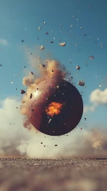 Cinematic spherical explosion study with suspended debris field.