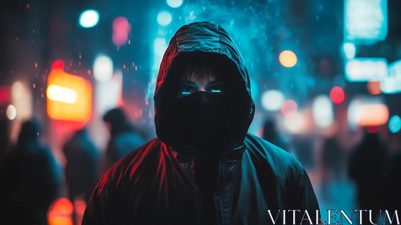 Hooded cyber figure dominates neon-soaked urban nightscape
