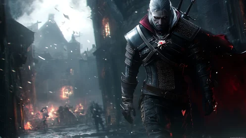 White‑haired warrior strides through burning medieval ruins