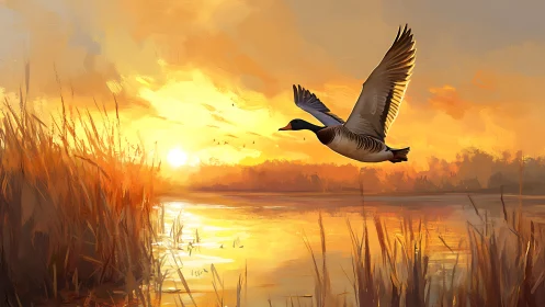 Duck in flight over marsh water at low orange sunset light.