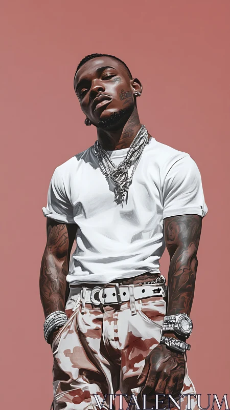 Male subject in white t-shirt and camo pants stands against backdrop