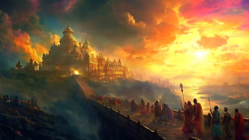 Sunlit temple city with robed procession at cliff edge.