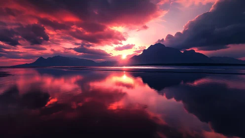 Crimson tidal flats reflecting backlit mountains at sunset