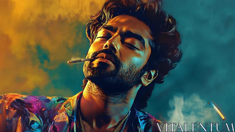 Digital portrait of relaxed man with cigarette and neon glow.