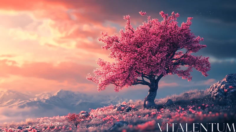 Isolated cherry tree under volumetric dusk illumination.