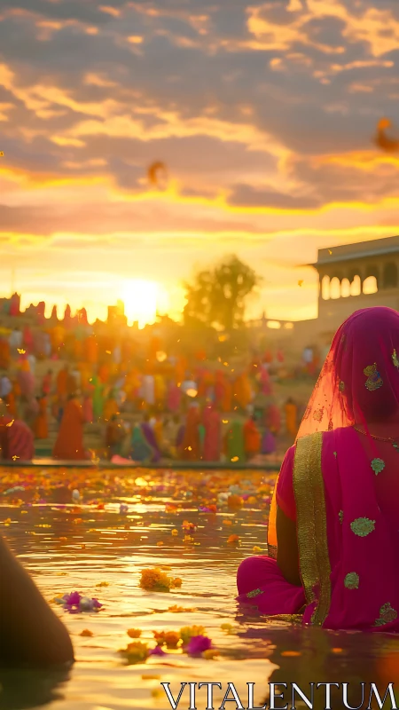 Golden water prayers at sunset in vibrant saris.