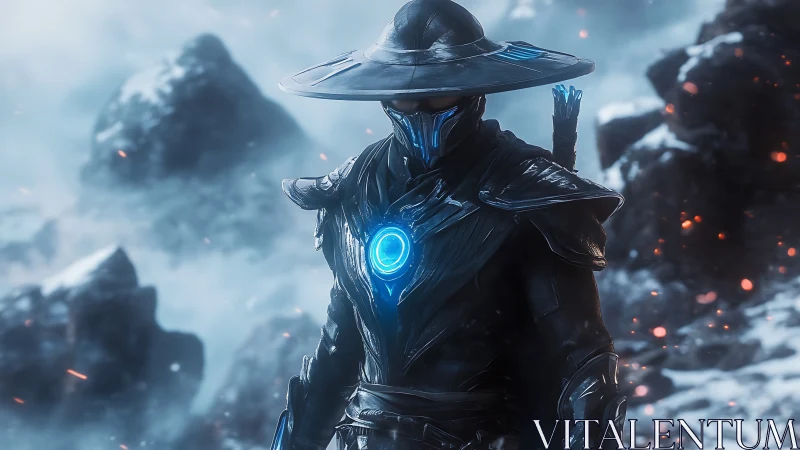 Frostborn warrior in glowing armor walking through icy dusk.