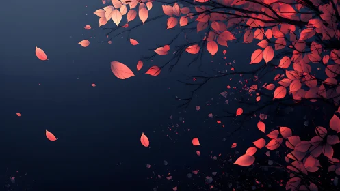 Spectral red foliage dispersing over deep negative space field.